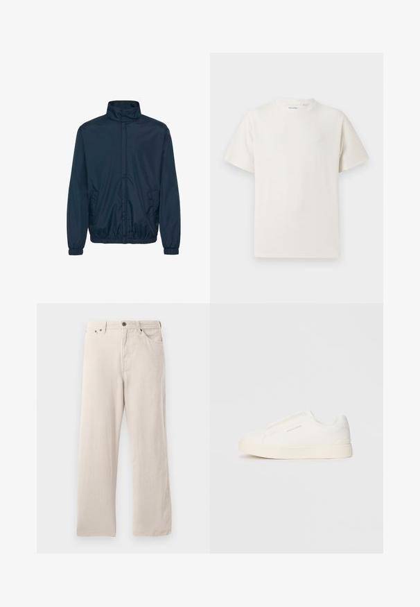 Granatowa kurtka wiatrówka z wysokim kołnierzem, elastycznymi mankietami i dwiema bocznymi kieszeniami, wykonana z gładkiego, lekkiego materiału.; Biała krótka koszulka z krótkim rękawem o żebrowanej fakturze. Okrągły dekolt, luźny krój, brak widocznych wzorów lub akcentów. Prosty i uniwersalny design.; Beżowe spodnie kordrowe o prostym kroju, z prążkowaną teksturą, pięcioma kieszeniami i zapięciem na guziki.; Białe sneakersy wsuwane z teksturowanej powierzchni, grubą podeszwą i minimalistycznym designem. Zawierają logo marki z boku.
