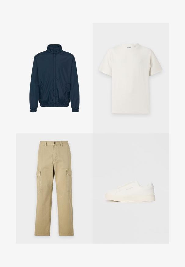 Mørkeblå vindjakke med høy krage, elastiske mansjetter og to sidelommer, laget av et glatt og lett stoff.; Hvit T-skjorte med kort erm i ribbestrikket tekstur. Rund hals, avslappet passform, ingen synlige mønstre eller detaljer. Enkelt og allsidig design.; Beige cargo bukser laget av bomull, med to sidelommer, knappelukking, og rette ben med et lett strukturert stoff.; Hvite slip-on joggesko med teksturert overflate, tykk såle og minimalistisk design. Har merkevarelogo på siden.