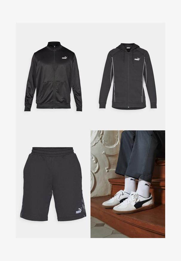 Schwarze Zip-Jacke aus glattem, glänzendem Stoff. Merkmale sind ein hoher Kragen, zwei Fronttaschen und ein weißes Puma-Logo auf der linken Brust.; Schwarze Zip-Hoodie mit einer Kapuze zum Schnüren, weißem Akzentpiping und einem Puma-Logo auf der Brust. Hergestellt aus weichem, athletischem Stoff.; Helles gelbes Sport-T-Shirt aus weichem, leichtem Material. Mit Rundhalsausschnitt und kurzen Ärmeln sowie einem dezenten Logo auf der Brust.; Schwarze Sportshorts aus glattem Stoff, mit einem gerippten Taillenbund und seitlichen Einsätzen mit einem dezenten Muster. Puma-Logo unten rechts.; Puma-Sneaker aus weißem und schwarzem Wildleder mit einer braunen Gummisohle. Kombiniert mit weißen Socken, die ein schwarzes Logo zeigen, getragen zu dunklen Hosen.