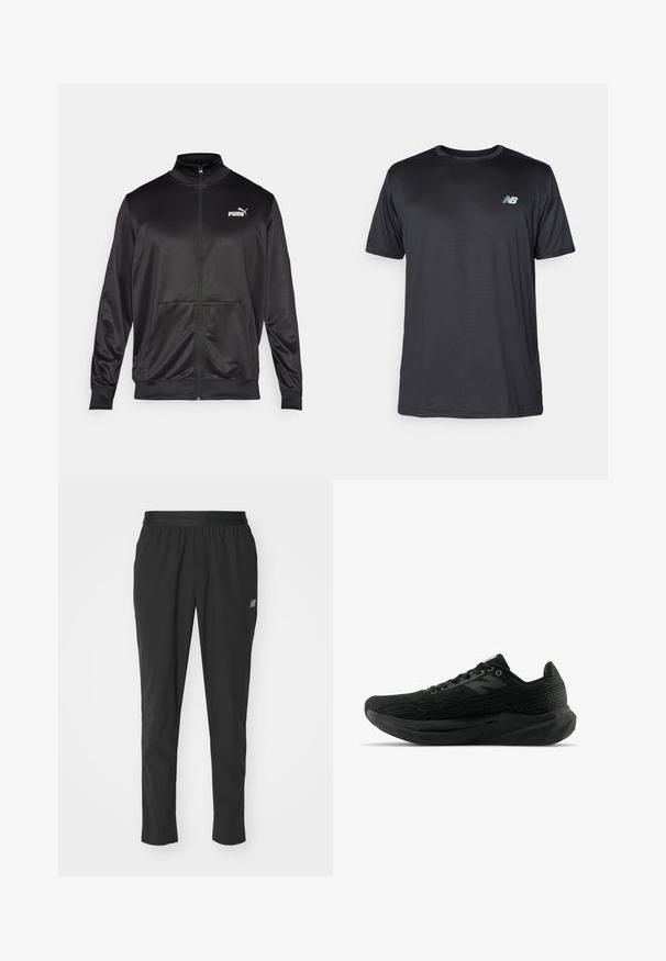 Chaqueta negra con cremallera hecha de un tejido liso y brillante. Presenta un cuello alto, dos bolsillos frontales y un logo blanco de Puma en el lado izquierdo del pecho.; New Balance Camiseta deportiva - black; Pantalones deportivos negros hechos de material ligero con cintura elástica, diseño ajustado y un sutil detalle del logo en el lateral.; Zapatilla deportiva negra con parte superior texturizada, que presenta un diseño elegante, cierre de cordones y una suela con mayor grosor y dibujo para mejorar la tracción.
