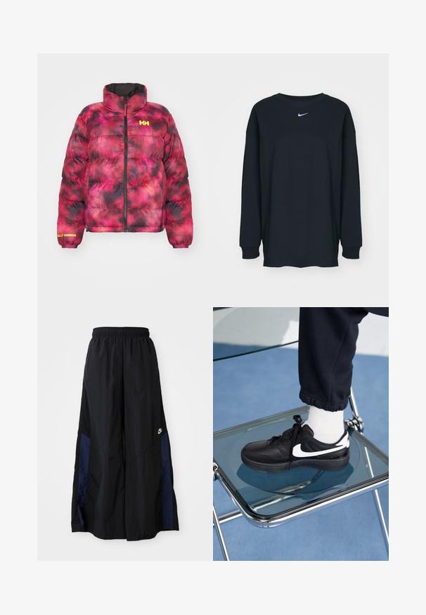 Kukla v různých odstínech růžové a černé s vysokým límcem, předním zipem a elastickými manžetami. Obsahuje logo "Helly Hansen" v bílé barvě.; Černé tričko s dlouhým rukávem vyrobené z bavlny s kulatým výstřihem. Na hrudi se nachází bílé logo Nike. Měkká textura, jednoduchý design.; Černé kalhoty širokého střihu vyrobené z lehkého materiálu, s námořnickou modrou bočním panelem a elastickým pasem. Malé bílé logo na spodní části.; Černé tenisky Nike s bílými akcenty, s hladkou koženou texturou, šněrovacím designem a zaoblenou špičkou, umístěné na skleněné židli.