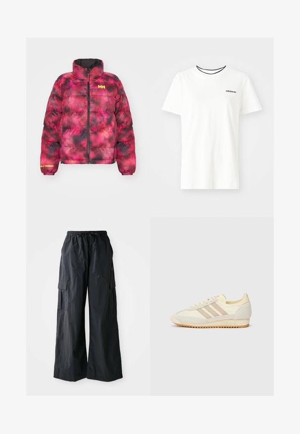 Pufferjack in een roze en zwarte tie-dye patroon met een hoge kraag, een ritssluiting aan de voorkant en elastische manchetten. Bevat het "Helly Hansen" logo in het geel.; Witte katoenen t-shirt met korte mouwen en een ronde halslijn. Heeft een zwart Adidas-logo op de borst en een contrasterende zwarte binnenkraag.; Zwarte cargobroek van lichtgewicht stof, met een wijd ontwerp, elastische tailleband en meerdere zijzakken. Eenvoudig en functioneel.; Crème sport sneaker met drie beige strepen, suède en textielmaterialen, een gestructureerde zool en geperst logo op de hiel.