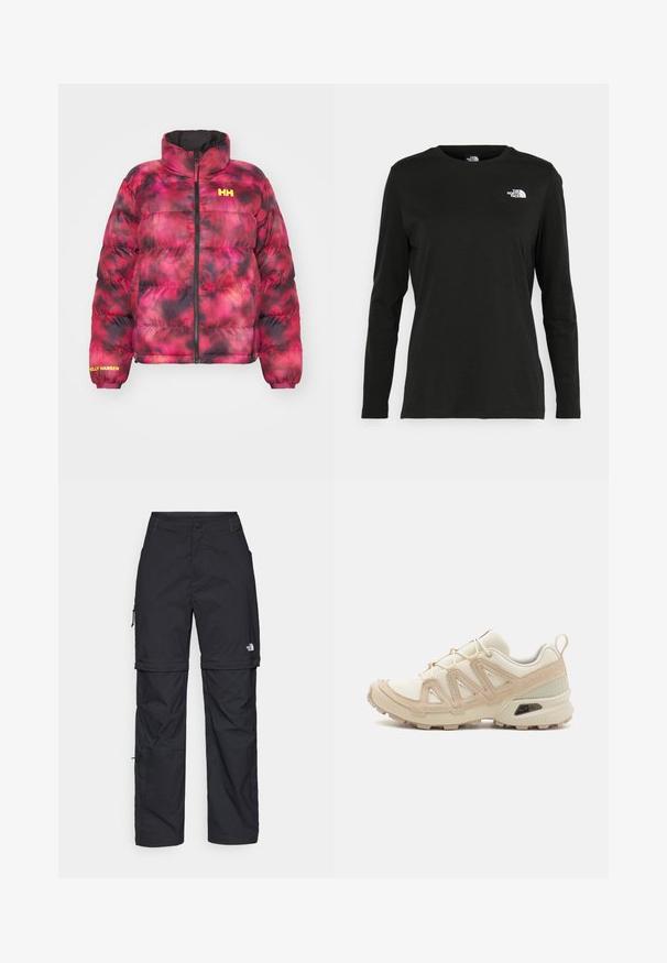 Chaqueta tipo puff en patrón tie-dye rosa y negro con un alto cuello, cierre frontal y puños elásticos. Presenta el logo "Helly Hansen" en color amarillo.; Camiseta de manga larga negra de algodón con cuello redondo. Presenta un pequeño logotipo blanco en la parte izquierda del pecho. Diseño y ajuste simples.; Pantalones cargo de nailon negro con cremallera desmontable, puños ajustables, múltiples bolsillos y un logotipo en la pierna derecha. Textura suave y ligera.; Zapatilla deportiva beige y crema con parte superior de malla texturizada, superposiciones de soporte y suela de goma con un patrón de tracción.
