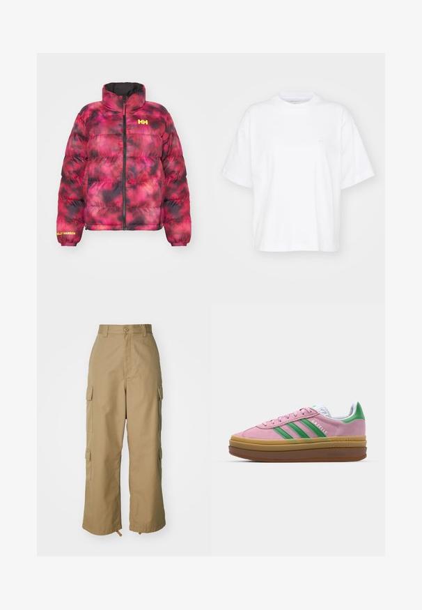 Puffer jacket in pink and black tie-dye pattern with a high collar, front zipper, and elastic cuffs. Features "Helly Hansen" logo in yellow.; White cotton t-shirt with a crew neck, short sleeves, and a relaxed fit. Features a subtle logo on the left chest area. Smooth texture.; Beige cargo pants with a high waist, wide legs, and four large side pockets. Made of durable fabric with a smooth texture and minimal detail.; Pink suede sneakers with green stripes, white accents, and a brown rubber sole. Features textured fabric and logo detailing on the side.
