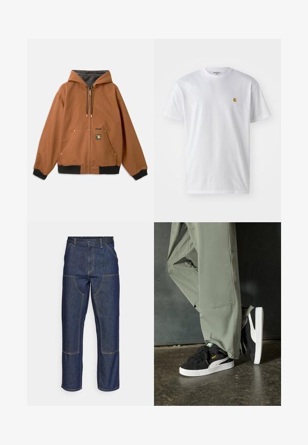 Ruda zip-up džinsinė striukė su gobtuvu, juodos raištinės rankovės, auksiniai užtrauktuko akcentai ir logotipo aplikacija priekyje. Pagaminta iš patvarios medžiagos.; Balta medvilnės marškinėliai su trumpomis rankovėmis, apvalia iškirpte, kuriuose kairėje krūtinės pusėje yra mažas auksinis logotipas. Minkšta tekstūra ir reguliari forma.; Tamsiai mėlynos džinsinės kelnes su aukštu liemeniu, tiesaus kirpimo dizainu, kontrastinėmis siūlėmis ir kišenėmis priekyje.; Juodi suede sportbačiai su baltais guminiais padais ir šoninėmis juostelėmis, derinami su šviesiai žaliais kargo kelnais, stovintys ant tekstūruoto tamsaus paviršiaus.