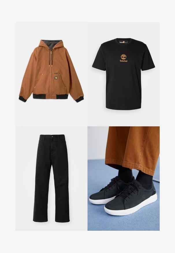 Brahns zip-up kapuce ar melnu ribotu aproci, zelta rāvējslēdzēju akcentiem un logotipa plāksni priekšpusē. Izgatavota no izturīga materiāla.; Melnas kokvilnas T-krekls ar zelta koka logotipu un "Timberland" tekstu. Apaļš kakls un īsās piedurknes, ar gludu tekstūru.; Melnas džinsu bikses ar taisnu griezumu, ar priekšējiem kabatām, rāvējslēdzēju un vienu augšējo pogu. Tekstūrēta auduma matēta virsma.; Melnas zamšādas kedas ar baltām gumijas zolēm, ar saistāmām auklām, tekstūrētām detaļām un diskrētu zīmolu, apvienotas ar brūniem biksēm.
