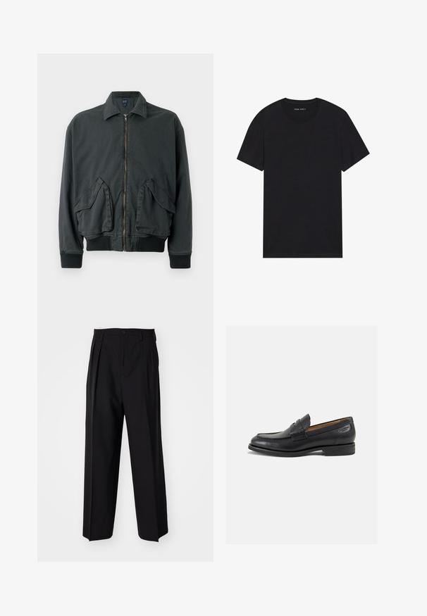 Zwarte bomberjack met een ritssluiting aan de voorkant, twee grote zijzakken, ribgebreide manchetten en kraag. Gemaakt van duurzame stof met een soepele textuur.; Zwarte katoenen t-shirt met korte mouwen en een ronde hals. De stof heeft een gladde textuur en een eenvoudig, effen ontwerp.; Zwarte geplooide broeken met een rechte, brede pijpontwerp. Gemaakt van soepele stof, met een knoopsluiting en riemlussen.; Zwarte leren loafers met een gladde afwerking, ronde neus en decoratieve stiksels op de wreef. Lage gestapelde hak en een lichte glans.