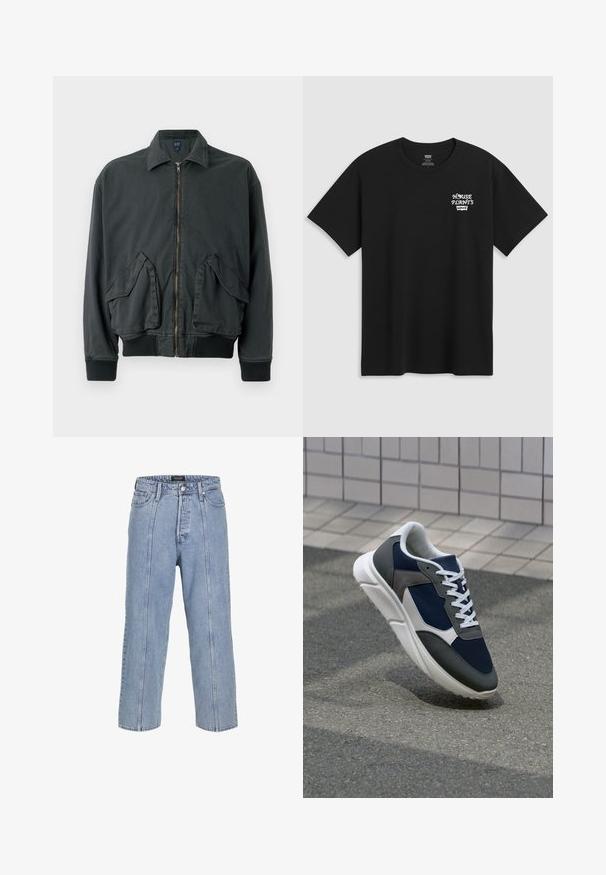 Zwarte bomberjack met een ritssluiting aan de voorkant, twee grote zijzakken, ribgebreide manchetten en kraag. Gemaakt van duurzame stof met een soepele textuur.; Zwarte katoenen t-shirt met een borstprint waarop "HUISPLANTEN" staat in witte stijlvolle letters met daaronder "Levi's". Klassieke ronde hals.; Lichtblauwe denim jeans met een losse pasvorm, wijde benen en zichtbare stiksels. Voorzien van een knoop- en ritsluiting, vijf zakken.; Sneaker met een marineblauwe mesh bovenwerk, grijze suède accenten, witte rubberen zool en platte witte veters, ontworpen voor comfort en ademend vermogen.