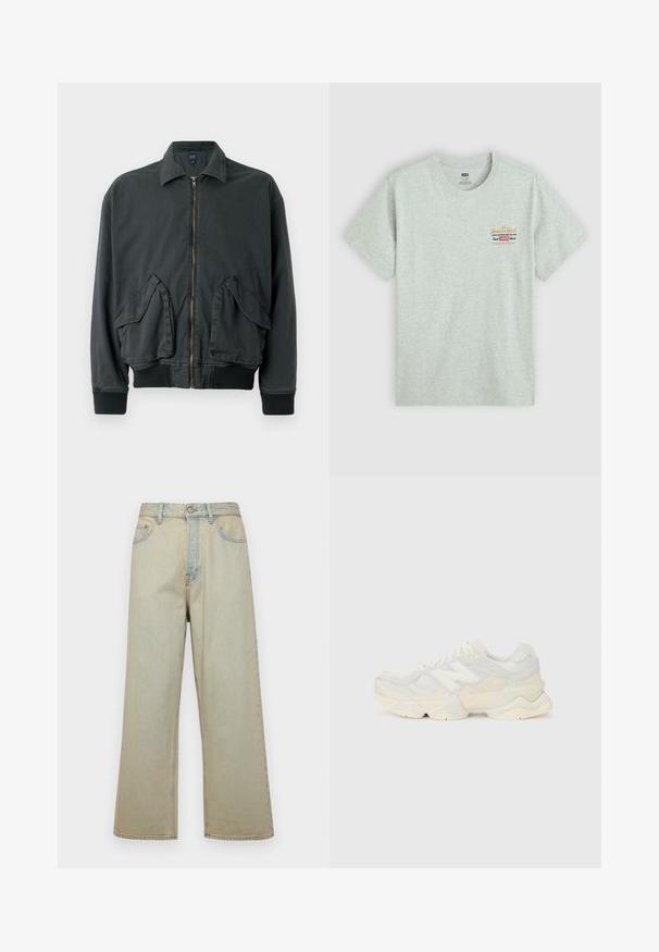 Juodas bomberis su užtrauktuku priekyje, dviem didelėm šoninėm kišenėm, elastinėm rankogaliais ir apykakle. Pagamintas iš tvirtos medžiagos su lygiu paviršiumi.; Pilkas medvilnės marškinėliai trumpomis rankovėmis, apvaliu kaklu, su daugiakampiu prekės ženklo logotipo spaudiniu viršutiniame kairiajame kampe. Glotni tekstūra.; Šviesiai mėlynos platėjančios džinsai, pagaminti iš audinio su nusidėvėjusiu efektu. Turi penkias kišenes ir priekinį mygtuką.; Lengvas sportinis batelis su tinklinio ir zomšinės viršutine dalimi švelniu kremo atspalviu, turi masyvų pado dizainą ir trimatį akcentą.