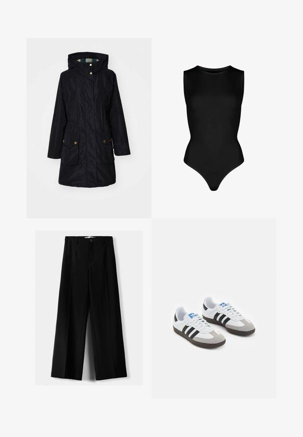 Zwarte waterdichte jas met een capuchon, taille-invoering, twee voorkeurs en gouden hardware accenten. Gladde textuur en middellange ontwerp.; Zwarte mouwloze bodysuit van rekbaar materiaal, met een hoge halslijn en een strakke pasvorm met een stringonderkant. Geen patronen of hardware.; Zwarte wijde broek van lichtgewicht stof, met een knoopsluiting aan de voorkant en een vlakke achterkant, afgewerkt met keurig gestikte zoom.; Sportschoenen met een witte leren bovenkant, grijze suède neus en drie zwarte strepen. Bevat een blauw logo op de tong en een gestructureerde rubberen zool.