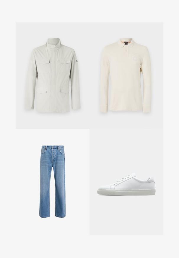 Lichtgekleurde, middellange jas met een staande kraag, ritssluiting aan de voorkant en vier opgestikte zakken. Glad, waterafstotend materiaal.; Langarm polo shirt in lichtbeige, gemaakt van gladde stof, met een polokraag, een knoopsluiting met twee knopen en een klein logopatch op de borst.; Lichtblauwe denim jeans met een straight-leg ontwerp, vijf zakken, knoopsluiting, minimale vervaging en contrasterende stikseldetails.; Witte sneaker met een gladlederen bovenwerk en een laag profiel. Voorzien van een ronde neus, zes vetergaatjes en een gestructureerde rubberen zool.