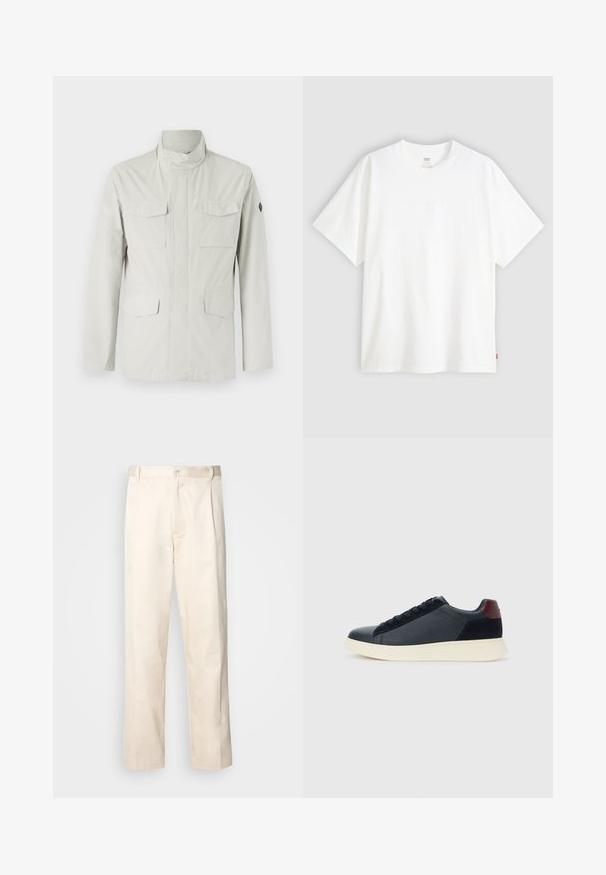 Heled värviga, keskmise pikkusega jakk, millel on püsti krae, eesne lukuga sulgemine ja neli kleepuv taskut. Sile, veekindel kangas.; Valge lühikeste varrukatega puuvillane T-särk, millel on ümmargune kaelus. Ees on peene reljeefse logoga detail ja hemmi peal punane silt.; Beesidised puuvillased püksid sirge jala lõikega, mis on varustatud nööpkinnituse ja ees olevate voltidega, et lisada detaili.; Madala stiilis meeste toss mustast nahast ja seemisnahast, marooni värvi kanna detailiga ja valge kummist tallaga, vaatega välisküljelt.