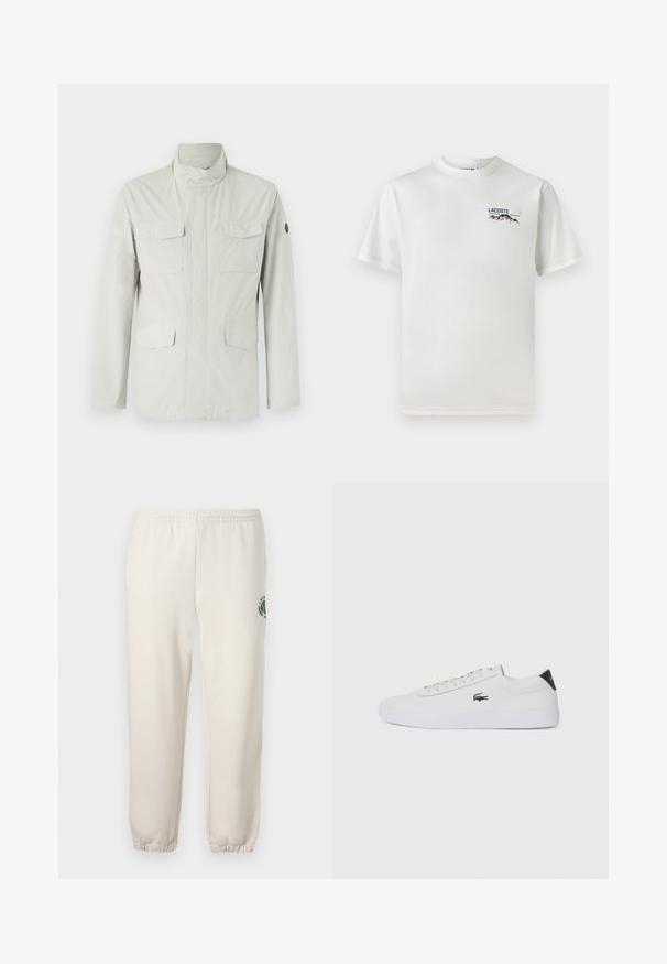 Šviesios spalvos vidutinio ilgio striukė su stačiu apykakle, priekiniais užtrauktukais ir keturiomis kišenėmis. Lygi, vandeniui atspari medžiaga.; Baltas medvilninis marškinėliai su apykakle, trumpomis rankovėmis ir mažas siuvinėtas logotipas, vaizduojantis kalnus ir tekstą ant kairiojo krūtinės.; Šviesiai smėlinės spalvos medvilninės kelnės, su elastinga juosta, raukšlėtomis rankovėmis ir žalia logotipo su lapo dizainu kairiajame šone.; Balti odiniai sportbačiai su apvalia nosimi, raištelių užsegimu priekyje ir juodu akcentu ant kulno. Šone yra mažas išsiuvinėtas krokodilo logotipas.