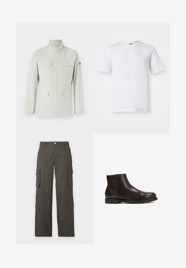 Světlý, středně dlouhý kabát s límcem, předním zipem a čtyřmi nakládanými kapsami. Hladká, voděodolná tkanina.; Bílá bavlněná tričko s krátkým rukávem, kulatým výstřihem a hladkou texturou. Žádné vzory ani akcenty nejsou viditelné.; Tmavě šedé cargo kalhoty rovného střihu s zapínáním na knoflík a čtyřmi klopovými kapsami, dvě na stehnech a dvě poblíž lýtek.; Černá kožená kotníková bota s hladkým povrchem, zaoblenou špičkou a nízkým podpatkem. Obsahuje boční zip pro snadné obouvání.