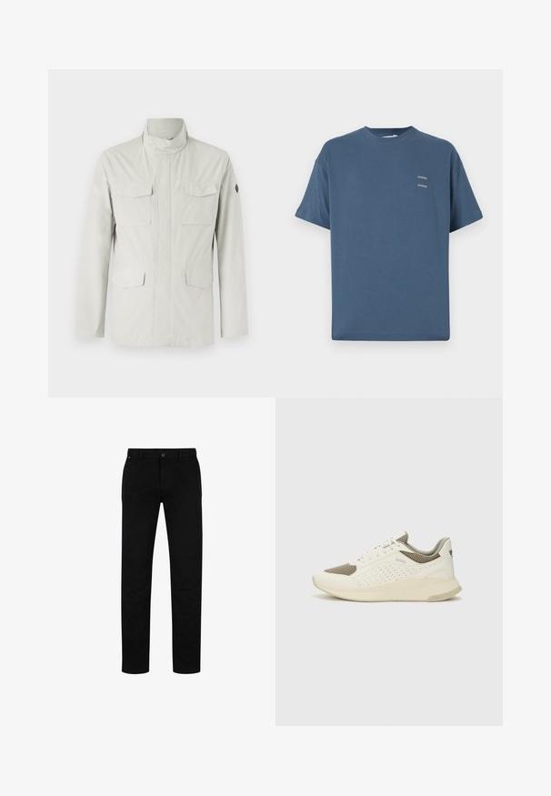 Jachetă de lungime medie, de culoare deschisă, cu guler în picioare, închidere cu fermoar pe față și patru buzunare aplicate. Material neted, rezistent la apă.; Tricou din bumbac albastru cu guler clasic de tip crew, mâneci scurte, croială lejeră și două mici logo-uri imprimate pe piept. Textură netedă.; Pantaloni negri din bumbac cu o croială dreaptă, având sistem de închidere cu nasture, curea și un design minimalist. Textură netedă, fără modele.; Tenis sportivi alb și bej deschis, cu un înveliș din plasă, detalii perforate și o talpă intermediară texturată, având marcaj pe călcâi.