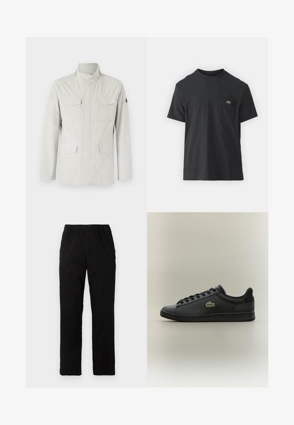 Light-colored, mid-length jacket featuring a stand collar, front zip closure, and four patch pockets. Smooth, water-resistant fabric.; Black cotton t-shirt with short sleeves, round neckline, and a small green logo on the left chest pocket. Simple design, regular fit.; Black pants made of cotton blend fabric, featuring a straight cut, elastic waistband with button, and no visible patterns or accents.; Black low-top leather sneaker with black laces featuring a green crocodile logo on the side, set against a plain neutral background.