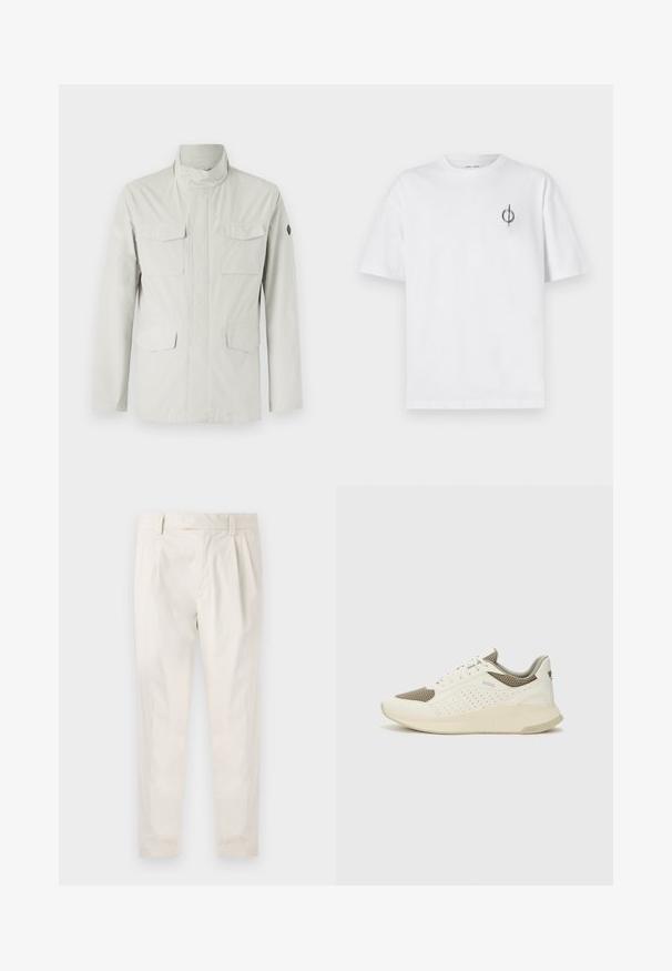 Lichtgekleurde, middellange jas met een staande kraag, ritssluiting aan de voorkant en vier opgestikte zakken. Glad, waterafstotend materiaal.; Witte katoenen t-shirt met een ontspannen pasvorm, voorzien van een klein zwart graphic logo op de linkerkant van de borst. Korte mouwen, ronde hals.; Witte, geplooide broeken met een getailleerde pasvorm, met een gladde textuur, riemlussen en taps toelopende benen. Geen zichtbare zakken of patronen.; Witte en lichtbeige sport sneaker, met een bovenwerk van mesh, geperforeerde details en een gestructureerde tussenzool met branding op de hiel.