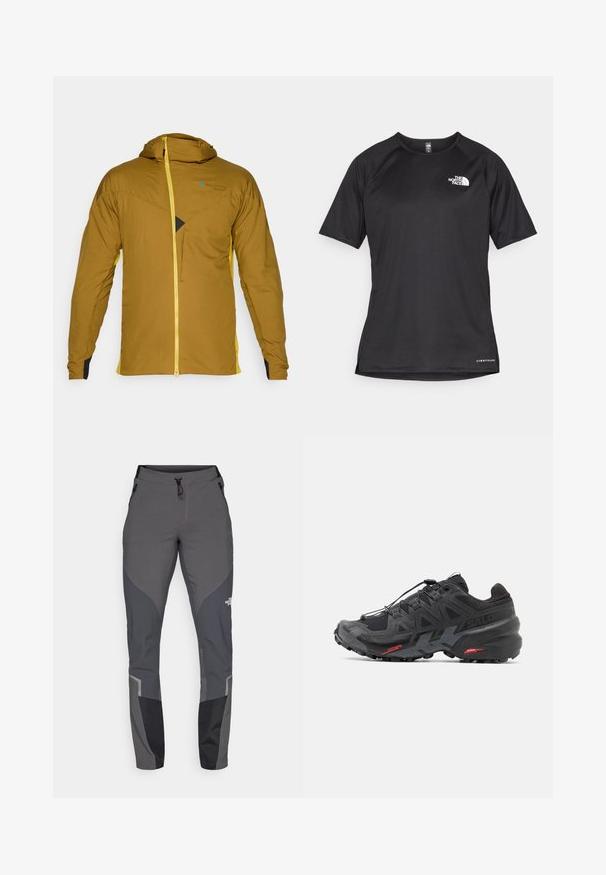 Bruine hooded jacket met gele rits en zijaccenten, met een gestructureerde stof, een voorzak met rits en een opvallend driehoekig ontwerp detail.; Zwarte sportshirt met korte mouwen van textuurstof, met een wit logo op de linkerborst en een rechte zoom.; Grijze wandelbroek met een tapered ontwerp, meerdere zakken en contrasterende donkergrijze en zwarte accenten. Gemaakt van een flexibel, duurzaam materiaal.; Zwarte hardloopschoen met synthetisch bovenwerk, textuurontwerp en contrasterende rode accenten. Beschikt over een beveiligd vetersysteem en robuuste buitenzool.