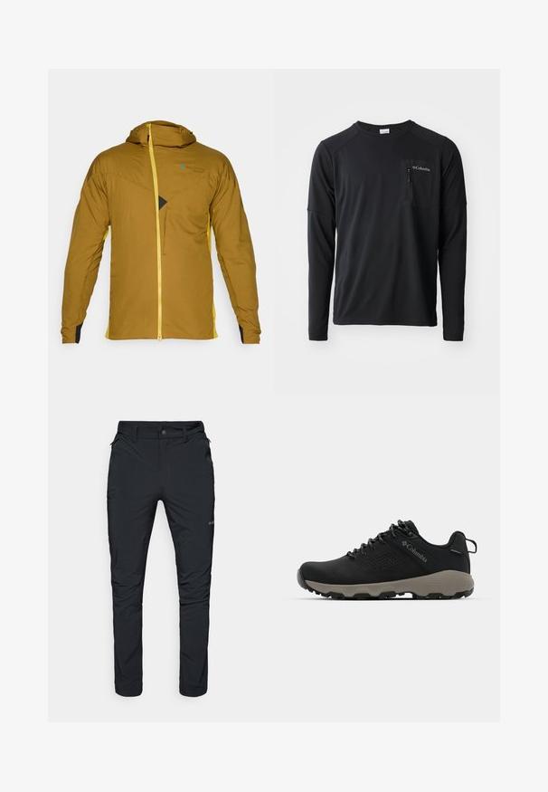Veste à capuche marron avec fermeture éclair jaune et accents latéraux, dotée d'un tissu texturé, d'une poche zippée à l'avant et d'un détail de design triangulaire distinct.; Columbia COLUMBIA TECH™ LONG SLEEVE CREW - T-shirt à manches longues - black; Pantalons d'extérieur noirs avec une coupe droite, dotés de poches zippées, de passants de ceinture et d'une texture de tissu légère et durable.; Chaussure de randonnée noire avec une tige lisse, un design perforé, une semelle extérieure grise et un talon renforcé. Comprend des lacets et une languette pour un enfilage facile.