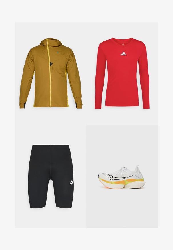 Brązowa kurtka z kapturem, z żółtym zamkiem błyskawicznym i bocznymi akcentami, wykonana z teksturowanej tkaniny, z przednią kieszenią na zamek i wyraźnym detalem w kształcie trójkąta.; Czerwona sportowa koszulka z długim rękawem, wykonana z gładkiego, elastycznego materiału. Posiada dekolt w kształcie litery V oraz białe logo Adidas na klatce piersiowej.; Czarne spodenki sportowe o gładkiej teksturze, dopasowanym kroju i białym logo po lewej stronie. Brak widocznych kieszeni lub metalowych detali.; Białe buty biegowe z teksturowaną siateczką, czarnym logiem Swoosh oraz kolorową, wielowarstwową podeszwą z pomarańczowymi i żółtymi akcentami.