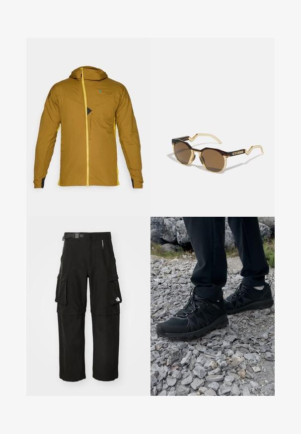 Braune Kapuzenjacke mit gelbem Reißverschluss und seitlichen Akzenten, aus einem strukturierten Stoff, mit einer Vorderreißverschlusstasche und einem auffälligen dreieckigen Designdetail.; Weißes langärmliges T-Shirt aus Baumwolle mit Rundhalsausschnitt. Verfügt über ein kleines schwarzes Logo auf der Brust. Glatte Textur, reguläre Passform.; Schwarze Cargo-Hosen aus robustem Material, mit mehreren Taschen, einem Gürtel und einem Logo am unteren Bein. Gerader Schnitt mit einer glatten Textur.; Schwarze Outdoor-Schuhe aus Mesh und synthetischem Material, mit einer strukturierten Oberseite, gesichertem Schnürsystem und griffiger Laufsohle, auf felsigem Gelände.; Braune, runde Sonnenbrillen mit einem Schildpatt- und klar hellgelben Rahmen, eckigen Bügeln und strukturierten Details an den Schläfen.