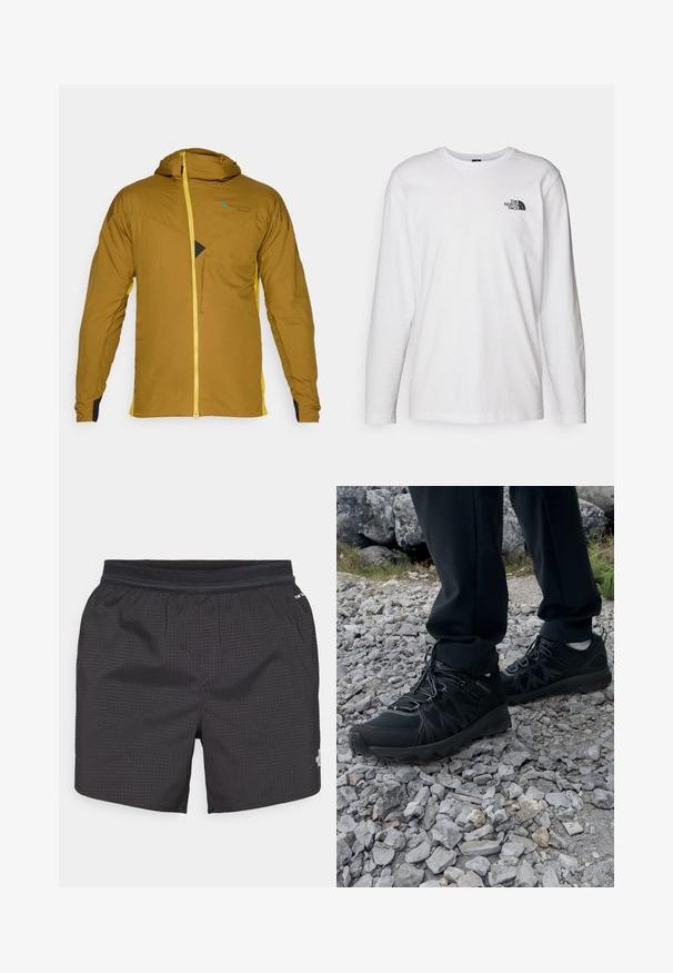 Brun hettejakke med gul glidelås og sidestriper, med teksturert materiale, frontlommeslomme og en distinkt trekantet design detalj.; Hvit langermet T-skjorte laget av bomull med rund hals. Har en liten svart logo på brystet. Glatt tekstur, vanlig passform.; Svarte svømmebukser laget av lett stoff med rutemønster. Har en elastisk midje og en logo på forsiden.; Sorte utendørssko i svart med mesh og syntetisk materiale, med en teksturert overdel, sikret snøresystem og en robust såle, på steinete terreng.