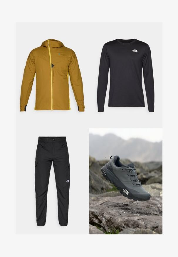 Καφέ μπουφάν με κουκούλα και κίτρινο φερμουάρ και πλευρικά στοιχεία, με υφασμάτινη υφή, μπροστινή τσέπη με φερμουάρ και μια χαρακτηριστική τριγωνική λεπτομέρεια σχεδίασης.; Μαύρο αθλητικό μπλουζάκι με μακριά μανίκια, κατασκευασμένο από ελαφρύ ύφασμα, με λευκό λογότυπο επάνω αριστερά στο στήθος. Λείο υφή.; The North Face HORIZON PANT - Παντελόνι εξωτερικού χώρου - black; Γκρι αθλητικό παπούτσι τρεξίματος με υφή στην επάνω πλευρά, ανθεκτική καουτσούκ σόλα και ενισχυμένη μύτη. Περιλαμβάνει κορδόνια και λογότυπο της μάρκας στο πλάι.