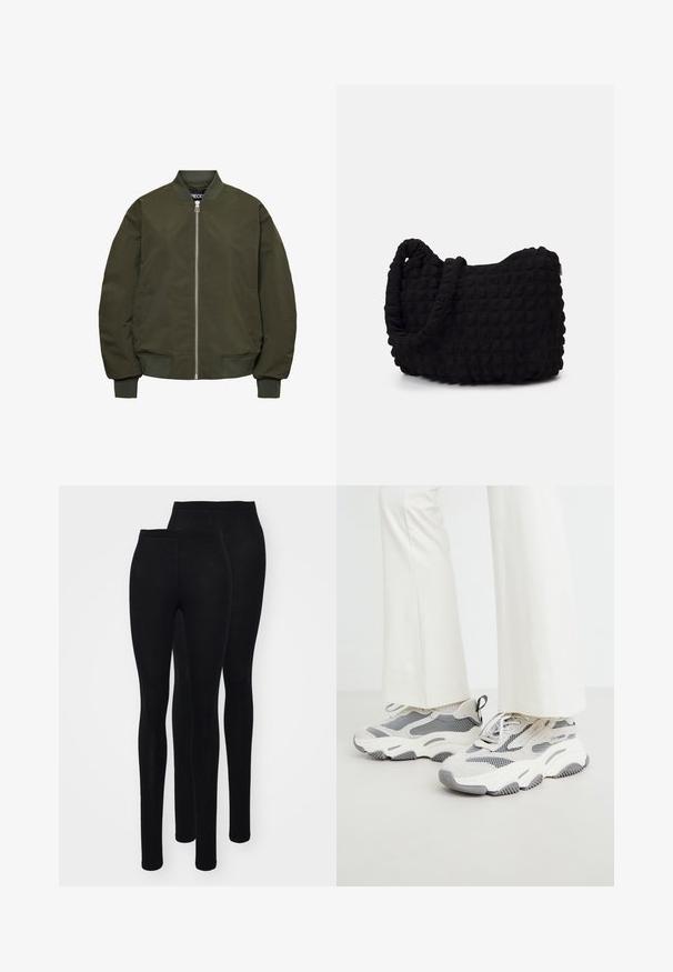 Maslinasto zeleni bomber jakna s zatvaračem, rebrastim manžetama i porubom, dva bočna džepa i glatkom teksturom.; Tri dugih rukava posložena: crna, siva i bijela. Svaka ima okrugli izrez i skrateni kroj s glatkom, laganom tkaninom.; Crne tajice od glatkog, rastezljivog materijala s visokim pojasom. Imaju prilagođeni kroj i dizajn do gležnjeva. Prikazane su dvije pari.; Čvrste atletske tenisice svijetlosive boje, s kombinacijom mrežastih i tekstilnih materijala, uz uzorkovane akcentne detalje i debeli gumeni potplat.; Crna platnena torba s teksturiranim, kviltanim uzorkom. Okrugli oblik, kratke, debele ručke i meka, fleksibilna struktura.