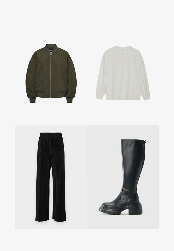 Olīvu zaļš bumbvedēja apmetnis ar rāvējslēdzēju, ribotām aprocēm un apakšmalu, divām sānu kabatām un gludu tekstūru.; Gaišpelēka garām piedurknēm t-krekls, kas izgatavots no mīkstas kokvilnas. Iezīmē vaļīgu piegriezumu, apaļu kakla izgriezumu un viegli saplacinātas piedurknes. Nav rakstu vai grafikas.; Melni plīšu bikses ar elastīgu jostu. Tām ir platākas kājas un gluda, teksturēta auduma ar vertikālām svītrām.; Augstas melnas ādas zābakus ar masīvu platformu un bloka papēdi, ar vilkšanas cilpu un strukturētu profilu uz ārējā zoles.