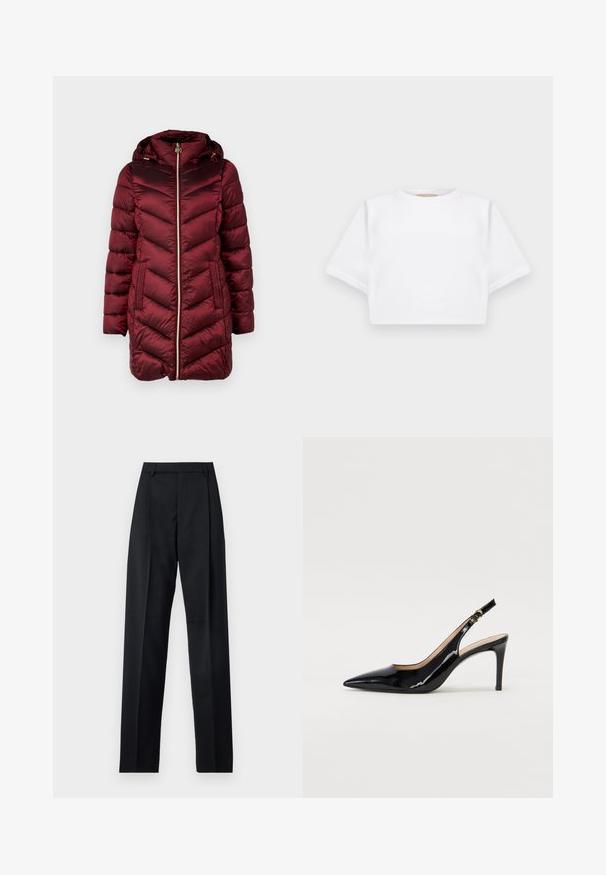 MICHAEL Michael Kors HOODED LONGLINE CHEVRON - Wintermantel - dark red; Beschnittenes weißes T-Shirt aus weichem Stoff, mit kurzen Ärmeln, rundem Halsausschnitt und gerippten Saumdetails. Einfaches und schnörkelloses Design.; Schwarze Hosen aus glattem Stoff mit hoher Taille, weitem Bein, vorderen Falten und klassischen Gürtelschlaufen. Keine sichtbaren Seitentaschen.; Schwarz lackierte Slingback-Pumps mit spitzem Zehenbereich, schlankem Absatz und einem subtilen Ausschnittdesign. Verfügt über eine goldene Schnalle am Riemen.