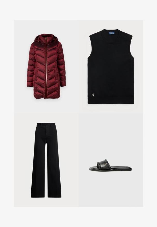 MICHAEL Michael Kors HOODED LONGLINE CHEVRON - Ziemas mētelis - dark red; Melna bez piedurknēm kokvilnas džemperis ar apaļu kakla izgriezumu. Iezīmes neliels balts logo apakšējā kreisajā stūrī un ribota apdare.; Melni platā kāju bikses, izgatavotas no austas auduma, ar augstu jostasvietu, priekšējo pogu aizdari un sānu kabatām. Gluda tekstūra ar skaidrām līnijām.; Melnas ādas sandalītes ar austiem siksnu elementiem, plakana zole un elegants dizains. Gluda tekstūra un minimālistisks profils.