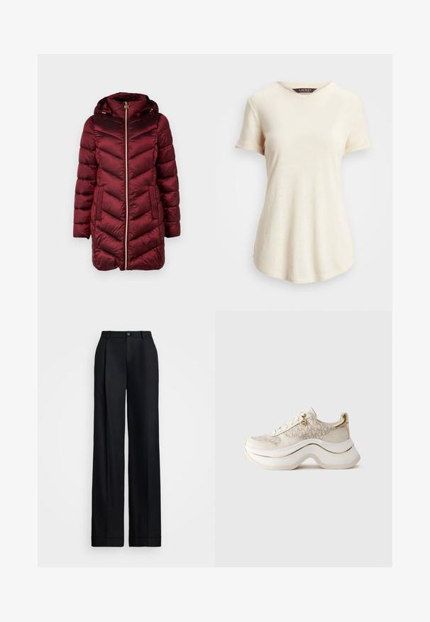 MICHAEL Michael Kors HOODED LONGLINE CHEVRON - Abrigo de invierno - dark red; Camiseta de manga corta color crema con cuello redondo. Textura suave y corte relajado, con puños enrollados y un dobladillo ligeramente curvado.; Pantalones de pierna ancha negros con un acabado suave, frente plano, trabillas para cinturón y un cierre de botón único en la cintura.; Zapatilla plataforma beige y dorada con patrón de "MK", cordones en el frente, charm dorado y suela gruesa ondulada sobre fondo liso.