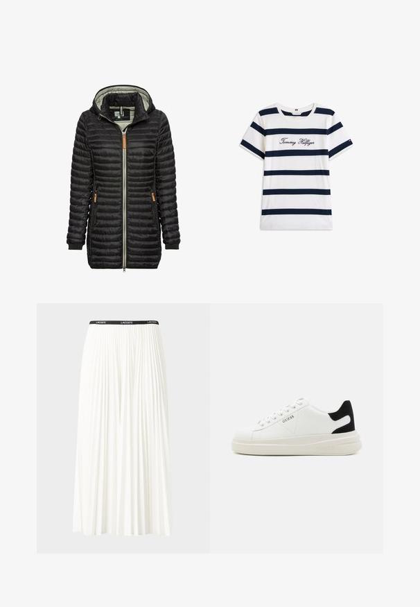 Czarna kurtka puchowa z kapturem, z zapięciem na zamek błyskawiczny, ściągaczami przy rękawach i bocznymi kieszeniami. Zauważalne brązowe akcenty na zamku i kieszeniach.; Bawełniana koszulka z poziomymi granatowymi paskami na białym tle. "Tommy Hilfiger" wyszyte kursywą na klatce piersiowej. Okrągły dekolt.; Plisowana biała spódnica z czarnym elastycznym pasem z logo "LACOSTE". Średniej długości, o miękkiej teksturze.; Białe skórzane sneakersy z grubą białą podeszwą, czarnym zamszowym akcentem na pięcie oraz wytłoczonym logotypem z boku. Projekt z sznurówkami i sześcioma dziurkami.