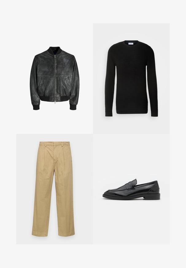 Juodas odinis bomber tipo švarkas su užtrauktuku priekyje, raštuotais rankogaliais ir apatine juosta, šoniniais kišenėmis bei lygiu, šiek tiek tekstūruotu paviršiumi.; Juodas ilgas rankovėmis megztinis su gogo tekstūra, apvaliu iškirpimu ir prigludusiomis rankovėmis. Pagamintas iš minkštos, tamprios medžiagos.; Bežinės medvilninės kelnės su tiesiais sijonais, turinčios priekinės klostes ir šonines kišenes. Audinys yra lygus, minkštas.; Juodos odinės loafers batai su lygiu paviršiumi, turintys apvalią noselę ir siaurą juostelę per viršų. Žemas sluoksnis kulnas.