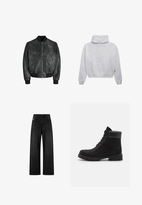 Giacca bomber in pelle nera con zip frontale, polsini e orlo a costine, tasche laterali e una superficie liscia, leggermente testurizzata.; Felpa leggera grigia realizzata in morbido misto cotone. Caratterizzata da una tasca a marsupio, polsini a coste e un cappuccio con coulisse dal design minimalista.; Pantaloni in denim neri a gamba larga con vita alta, dotati di quattro tasche e un piccolo etichetta con logo sul davanti. Texture liscia, design semplice.; Stivale alla caviglia nero con lacci, colletto imbottito e suola robusta, mostrato in profilo su uno sfondo bianco.