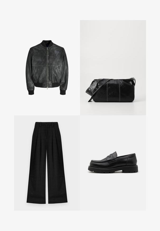 Veste bomber en cuir noir avec fermeture éclair à l'avant, poignets et ourlet côtelés, poches latérales et une surface lisse légèrement texturée.; T-shirt en coton noir avec un col rond, des manches courtes et un logo ovale texturé dans une teinte plus foncée sur la poitrine. Étiquette de marque rouge sur le col.; Pantalons larges à carreaux noirs avec plis, présentant une texture lisse et un design classique. Tissu léger pour plus de confort.; Mocassins en cuir noir avec un bout arrondi, des accents texturés à l'avant et une semelle en caoutchouc épaisse avec des rainures pour une meilleure adhérence.; Sac à épaule en cuir noir avec une fermeture éclair, doté d'un corps texturé, de coutures blanches et d'une sangle avec des œillets en argent.