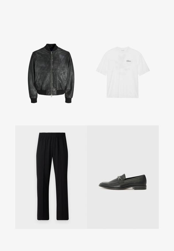 Giacca bomber in pelle nera con zip frontale, polsini e orlo a costine, tasche laterali e una superficie liscia, leggermente testurizzata.; T-shirt bianca in cotone a maniche corte, con stampa frontale che riporta la scritta "Vola verso la Tranquillità" in nero e verde.; Pantaloni neri con vita elasticizzata e design a gamba dritta, caratterizzati da una texture liscia e senza motivi o hardware visibili.; Mocassino in pelle nera con finitura liscia, caratterizzato da un design cucito e da un accento decorativo in catena metallica sul vamp. Tacco piatto.