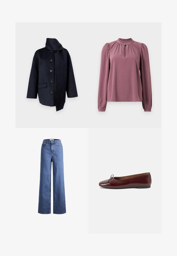 Casaco de marinha com riscas verticais, colarinho alto, sete botões, um bolso e tecido contrastante de um lado. Feito de material texturizado.; Blusa de manga longa em cor malva com gola franzida, decote em forma de olho de fechadura com fechamento por botão e ombros ligeiramente bufantes.; Jeans de ganga azul claro, de perna larga e cintura alta, com dois bolsos frontais e costuras visíveis. Apresenta um fecho de botão e zíper.; Bailarinas em couro sintético borgonha com bico redondo, pequeno laço na frente e sola baixa em borracha preta. Textura suave.