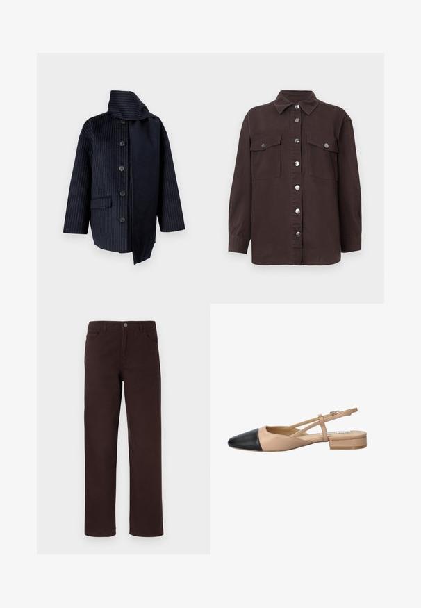Palton de marin cu dungi verticale, guler înalt, șapte nasturi, o buzunar și țesătură contrastantă pe o parte. Fabricat dintr-un material texturat.; Jachetă din bumbac de culoare maro închis, cu guler, închidere prin butoane la față, două buzunare pe piept și butoane argintii. Mâneci lungi.; Pantaloni din bumbac maro cu un design drept, două buzunare frontale și închidere cu buton la talie. Textură netedă, fără modele vizibile.; Pantofii slingback bicolori bej și negru, cu vârful ascuțit, toc plat și detalii cu curea încrucișată. Textură din piele netedă.