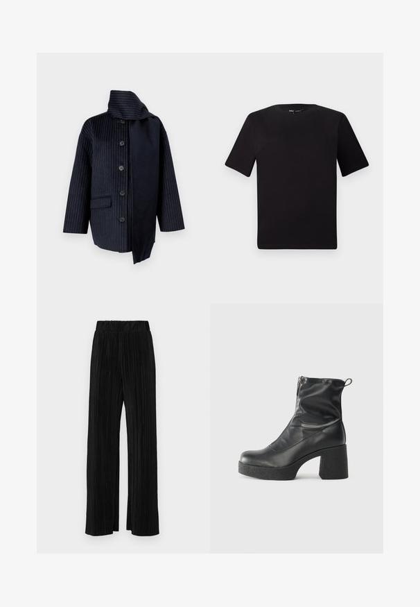 Palton de marin cu dungi verticale, guler înalt, șapte nasturi, o buzunar și țesătură contrastantă pe o parte. Fabricat dintr-un material texturat.; Tricou scurt negru cu mânecă scurtă și guler rotund, realizat dintr-un material de bumbac moale. Design simplu, fără logo-uri sau modele vizibile.; Pantaloni negri plisati cu talie elastică. Prezintă picioare largi și un material neted, texturat, cu dungi verticale.; Bocanci negri de glezna din piele netedă, cu fermoar lateral, toc texturat și masiv, și design cu vârf rotund.
