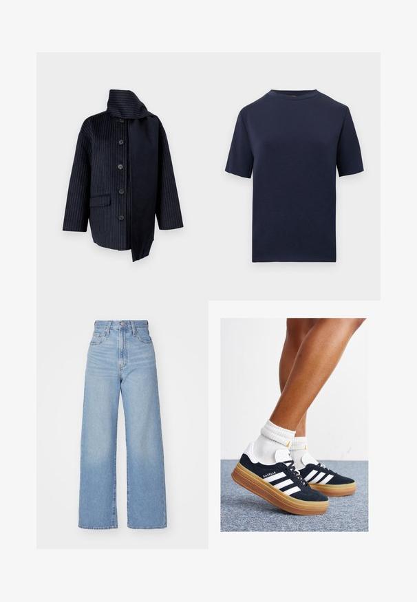 Navy coat featuring vertical pinstripes, a high collar, seven buttons, one pocket, and contrasting fabric on one side. Made of textured material.; Navy blue short-sleeve crewneck t-shirt, simple design, shown flat against a white background.; Light blue high-waist wide-leg jeans with front button and zip closure, front and back pockets, on a white background.; Black suede sneakers with white stripes and accents, rounded toe, gum rubber outsole, paired with white ribbed crew socks.