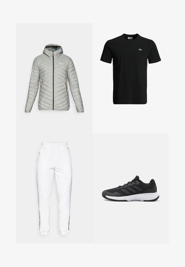 Salewa BRENTA - Piumino - shadow; T-shirt in cotone nero con colletto rotondo, maniche corte e un piccolo logo di coccodrillo verde sul lato sinistro del petto. Texture liscia, design casual.; Pantaloni della tuta bianchi con cintura elastica, caratterizzati da strisce laterali nere e polsini. Realizzati in tessuto morbido con una texture liscia.; Scarpa da ginnastica nera con parte superiore texturizzata, tre strisce orizzontali e una suola bianca con battistrada a motivo. Design leggero e aerodinamico.