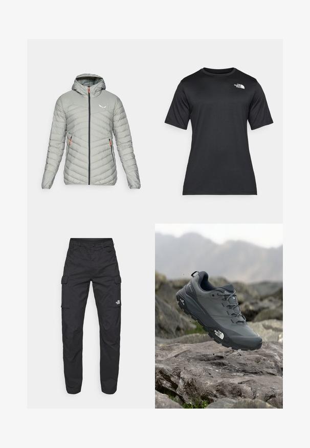 Salewa BRENTA - Tollkabát - shadow; Fekete, rövid ujjú póló, könnyű, nedvességelvezető anyagból készült. Bal oldalon fehér logóval rendelkezik, és kerek nyakú.; The North Face EXPLORATION PANTS - Oldalzsebes nadrágok - black; Szürke terepfutó cipő, texturált felsőrésszel, tartós gumitalppal és megerősített orr résszel. Fekete fűzők és márka logó a cipő oldalán.