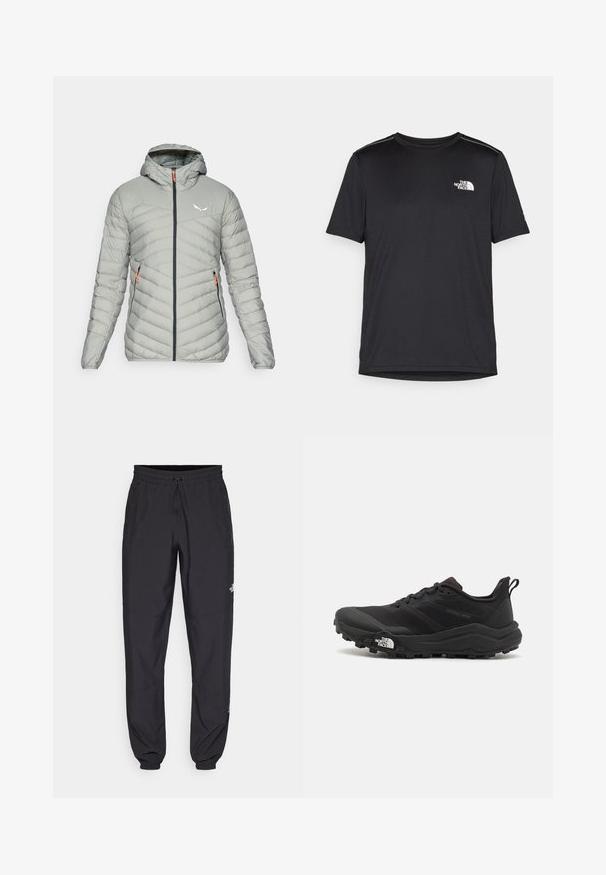 Salewa BRENTA jasnozielony; Czarny t-shirt z krótkim rękawem, wykonany z lekkiego materiału. Posiada małe białe logo na lewej piersi oraz subtelne akcenty na ramionach.; Czarne spodenki sportowe wykonane z lekkiego materiału, z elastycznym pasem na sznurek, bocznymi kieszeniami i zwężanymi mankietami przy kostkach.; Czarne buty do biegania w terenie z teksturowaną cholewką, gumową podeszwą i wzmocnionym noskiem. Posiadają wyściełany kołnierz oraz uchwyt do łatwego zakładania.