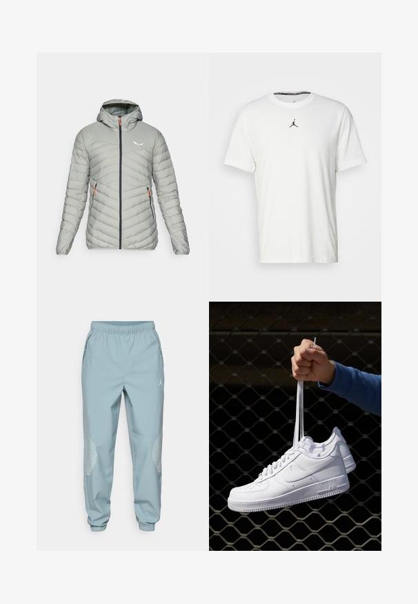 Salewa BRENTA - Doudoune - shadow; T-shirt blanc à manches courtes en coton, arborant un logo Jumpman noir sur la poitrine et un col rond avec une étiquette intérieure noire.; Jogging en bleu clair avec une taille élastique, poches latérales et accents réfléchissants en points sur les jambes inférieures.; Baskets en cuir blanc avec perforations, à bout rond, semelle plate et lacets épais, arborant un logo swoosh visible et "AIR" sur le talon.
