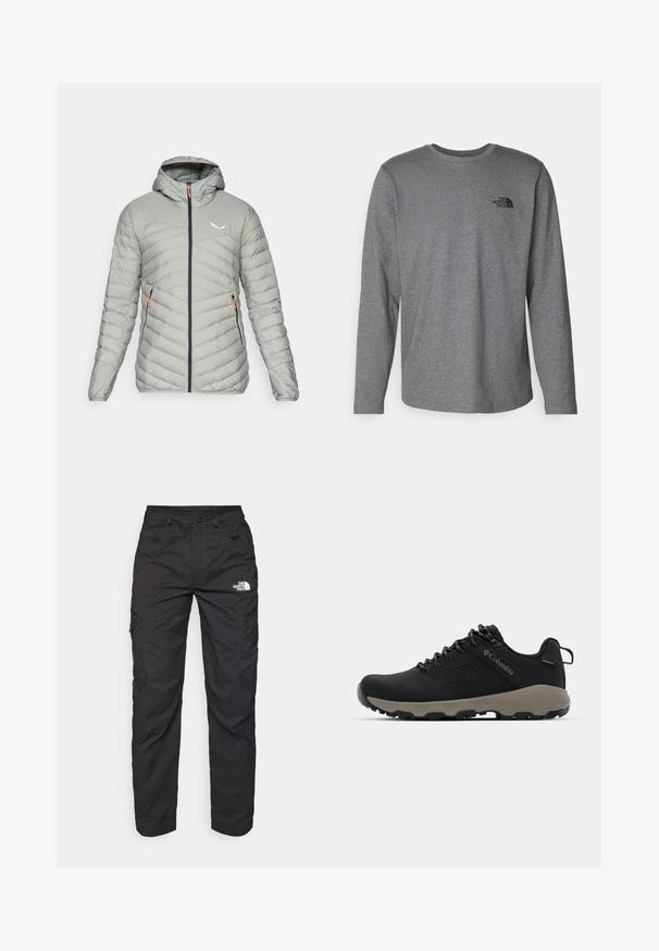 Salewa BRENTA - Gewatteerde jas - shadow; The North Face M L/S SIMPLE DOME TEE - Longsleeve - medium grey heather; Zwarte cargobroek van lichtgewicht stof. Voorzien van ritszakken aan de zijkant en een logo op de linker bovenbeen. Recht model.; Zwarte wandelschoen met een soepele bovenkant, geperforeerd ontwerp, grijze buitenzool en versterkte hiel. Voorzien van veters en een trekriem voor gemakkelijk aan- en uittrekken.