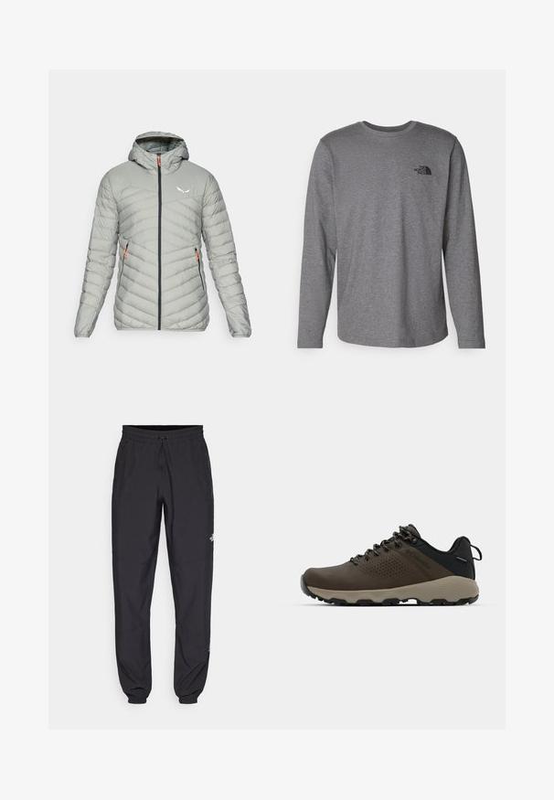 Salewa BRENTA - Daunenjacke - shadow; The North Face M L/S SIMPLE DOME TEE - Langarmshirt - medium grey heather; Schwarze Sporthosen aus leichtem Stoff, mit einem Kordelzugbund, seitlichen Taschen und schmal zulaufenden Bündchen an den Knöcheln.; Braune wasserdichte Sneakers mit einer strukturierten Oberseite, perforierten Akzenten, schwarzem Fersenschutz und einer grauen Gummisohle. Die Schnürsenkel sind mit metallischen Enden gestaltet.