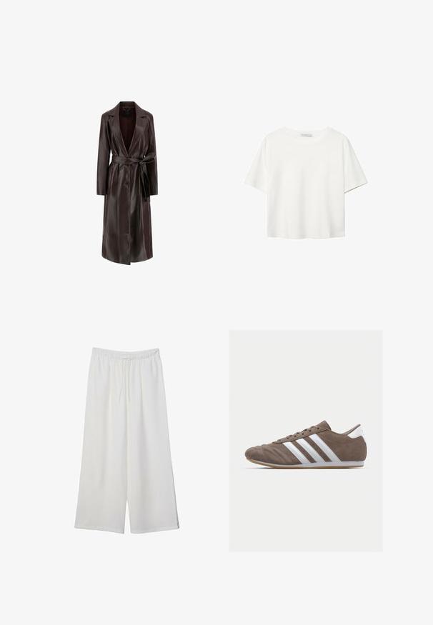 Guess Trenčkot - marrone scuro; Biela krátkopsová tričko vyrobené z bavlny. Má okrúhly výstrih a voľný strih. Hladká textúra bez viditeľných vzorov alebo akcentov.; Biele široké nohavice z ľahkého materiálu s elastickým pásom a šnúrkou na nastavenie veľkosti. Hladká textúra.; Hnedé semišové športové topánky s bielymi pruhmi, okrúhly špičkový dizajn, šnurovacie zapínanie a gumená podrážka. Texturovaný zvršok s detailmi šitia.