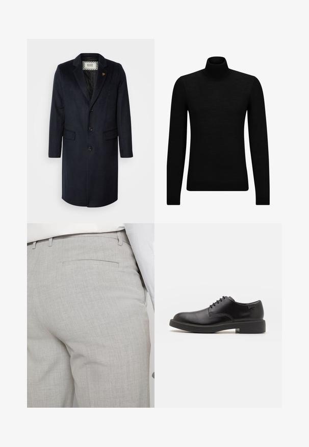 Scotch & Soda CLASSIC OVERCOAT - Classic coat - night; Black turtleneck sweater made of soft material, featuring long sleeves and a snug fit. Ribbed trim at the hem and cuffs. Simple design.; Light gray tailored trousers made of textured fabric, featuring a single back pocket and clean stitching.; Black leather lace-up shoe with a rounded toe, smooth texture, minimal stitching, and a low rubber heel. Logo on the heel.