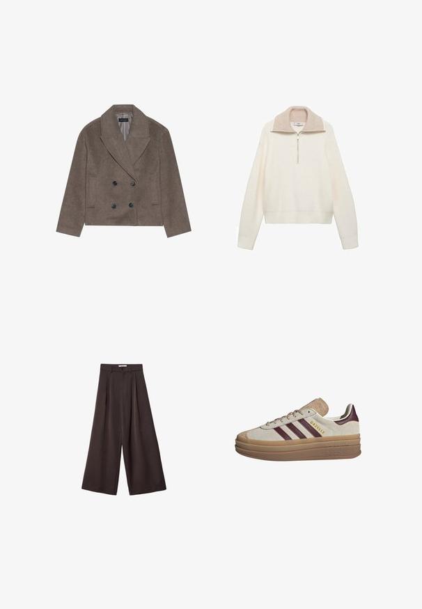 Brązowy płaszcz peacoat z wełny, z podwójnym zapięciem z przodu, dużymi czarnymi guzikami, spiczastymi klapami i kieszeniami bocznymi, zaprojektowany w krótszej wersji.; Kremowy pulower o ryflowanej fakturze, z suwakiem do połowy, kontrastującą beżową kołnierzykiem. Długie rękawy i elastyczny dół.; Czarne spodnie z szerokimi nogawkami i wysokim stanem, z plisami z przodu oraz zapięciem na guzik w talii, wykonane z gładkiego materiału.; Beżowe zamszowe sneakersy z bordowymi paskami, białymi akcentami, masywną przezroczystą podeszwą i wypukłym logo na boku. Sznurowany design.